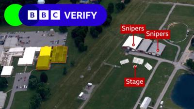 Satellite image of a map outlining some of the key locations involved in the shooting.