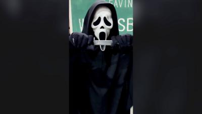 A person dressed in the costume from the Scream movies, wearing a black hooded cape and a white mask