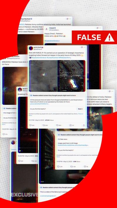 Screenshots of videos posted on social media with a red false banner in the top right corner
