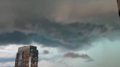 A storm system is seen moving into Minnesota.