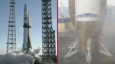 Splitscreen. Left, rocket takes off next to pylons. Right, the booster stage touches down on an ocean landing stage.