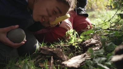 Girl looking through magnifying glass at nature