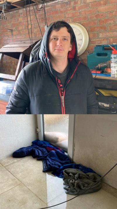 Split image showing a man in a jacket with his hood up and a wet floor with rags pushed up against the door