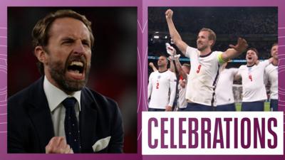 The England team celebrate reaching the Euro 2020 final