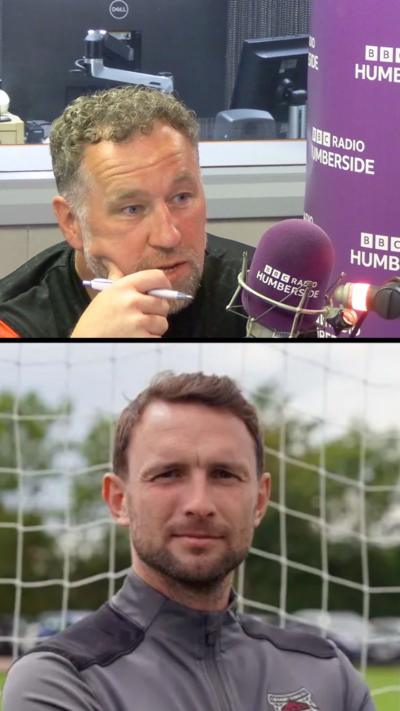 Football manager David Artell sitting behind a microphone in a studio setting with an inset of Alex Hughes