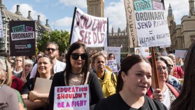 Campaigners, parents and children affected by crisis in special educational needs and disabilities (SEND) support system take part in a rally outside Houses of Parliament as MPs debate a petition relating to assessments and support for children with SEND in London, United Kingdom on September 15, 2025.