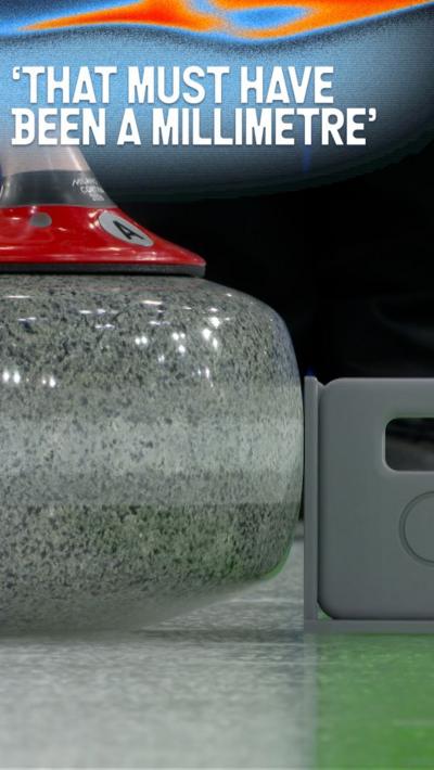 Curling official uses a strange device to measure the stone at Sweden v Canada in the 2026 Winter Olympics
