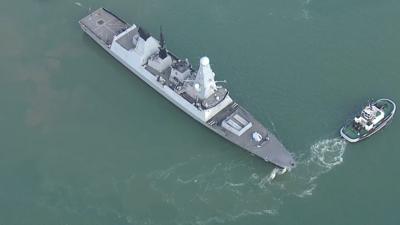 Aerial shot of HMS Dragon in Portsmouth harbour