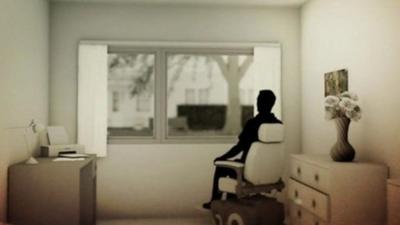 Artist's impression of man sitting in wheelchair at a window