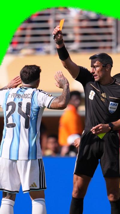 Enzo Fernandez booked with a red card in the 2026 World Cup final.