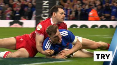 France centre Emilien Gailleton scores against Wales