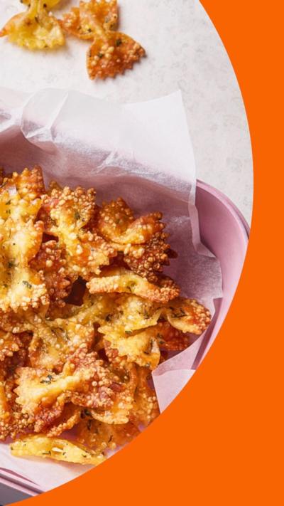 Crispy pasta bows in a reusable container