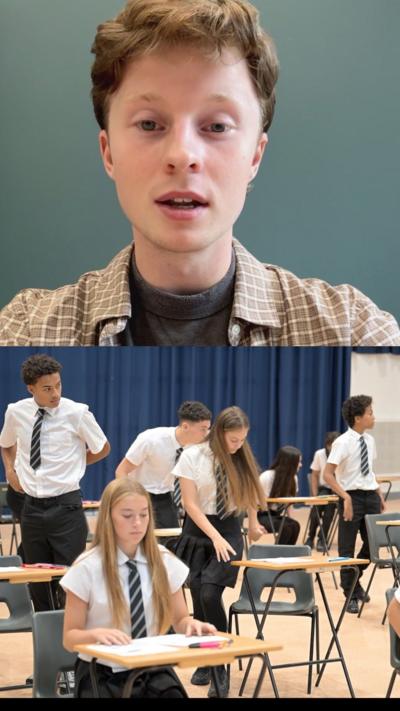Jamie McColgan in a brown checked shirt and below some students at desks in an exam hall. 