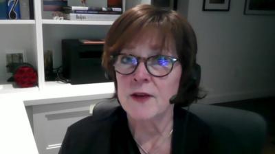 Ann Selzer pictured via webcam, wearing headphone with a microphone