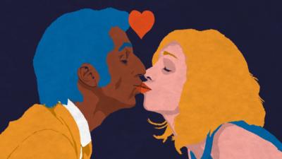 Illustration of man and woman leaning into a kiss