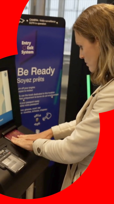 Katy Austin using an EU border computer