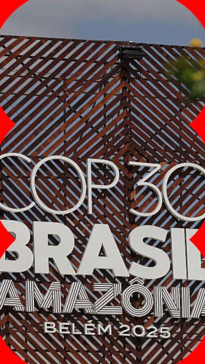 The COP30 sign with Brasil and Amazonia writing is seen through trees