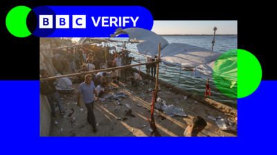 A photo from a cafe in western Gaza, following an Israeli strike, in a BBC Verify branded border.
