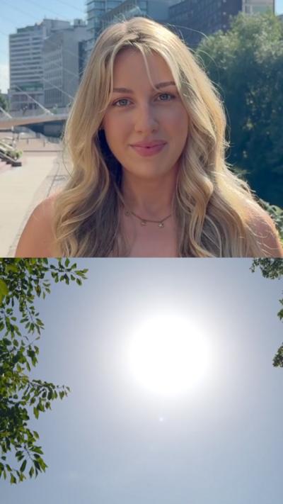 Woman with long blonde hair standing outside in the sunshine. Below a picture of a blue sky with no clouds.