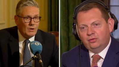 Split screen showing Keir Starmer wearing a suit on the left and BBC presenter Matt Charley also in a suit on the right