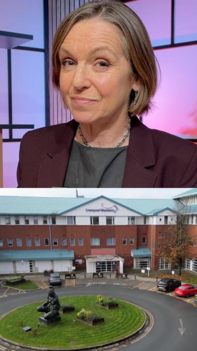 Reporter Gill Dummigan in the studio wearing a purple blazer and grey top with a picture of Liverpool womens hospital below.