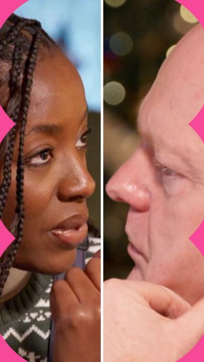 Split image of a woman and a man both looking towards each other with serious expressions