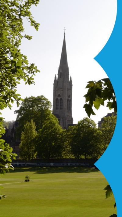 A church spire is visible in the distance behind a row of leafy trees. In front of the tress is a clear stretch of green grass.