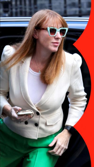 Angela Rayner, wearing bold green sunglasses, stepping out of a car at Downing Street