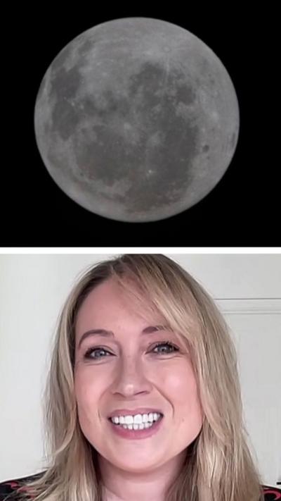 A vertical split image showing the moon on top and a space journalist on the bottom.