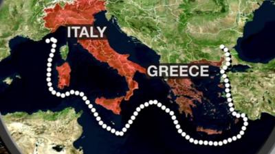 Map showing boundary line around Italy and Greece