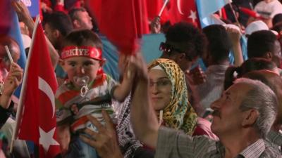 Crowds of supporters waving flags, mother with baby