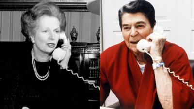 Separate images of UK Prime minister Margaret Thatcher and US President Ronald Reagan both on the telephone