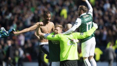 Hibs players celebrate at full-time