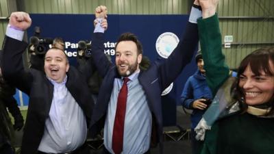 Colum Eastwood celebrating his Foyle win