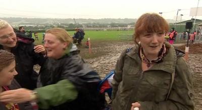 Sarah from Bristol with her family after a 12-hour journey to get to Glastonbury Festival