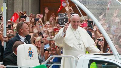 Pope Francis on his way to the royal Wawel Castle in Krakow, Poland, Wednesday, 27 July 2016.