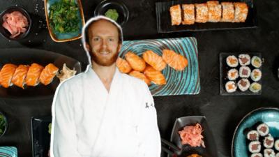 Archive photo of a man in a white robe superimposed on top of sushi platters