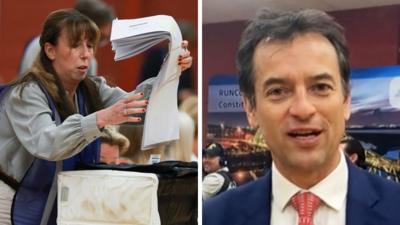 A split screen image, with ballots being counted by a woman and correspondent Damian Grammaticas reporting from the count