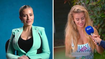 Composite of two images of Chloe Ayling - one of her now posing in a green suit, one of her giving a statement to press in 2017