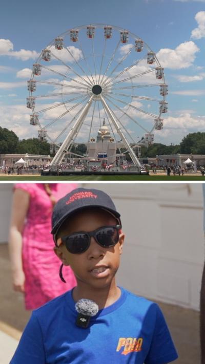 A split screen with a Ferris wheel on the top, and a boy in a blue shirt at the bottom.