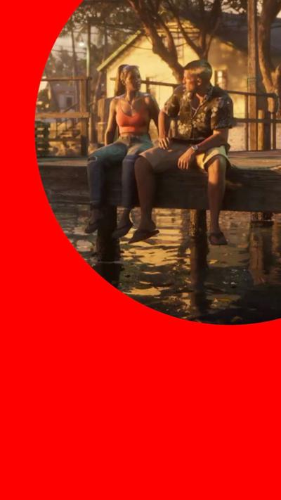 Still of GTA 6 trailer. A couple sitting on a small jetty over water.