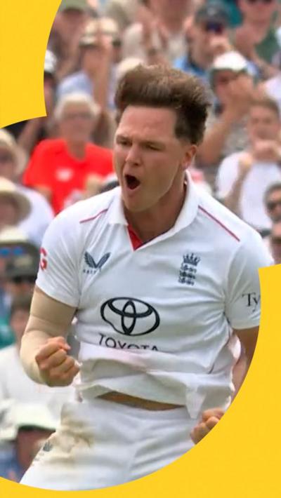 Sonny Baker celebrates his first Test wicket for England
