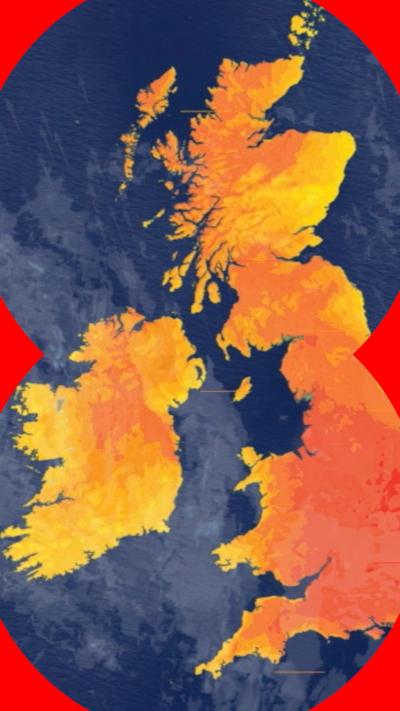 A map of the UK, covered in yellow and orange.
