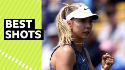 Katie Boulter reacts after beating Jelena Ostapenko at Eastbourne