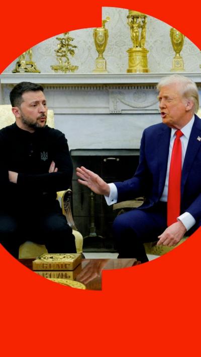 Trump wears a red tie and blue suit and gestures with his hand towards Zelensky, who wears black and sits with his arms folded