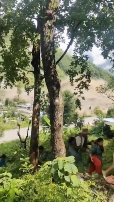 People running from a huge flash flood beside trees