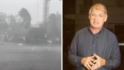 Correspondent Jonathan Head in Luzon Island as typhoon makes landsdfall. On the left, a photograph showing bending trees