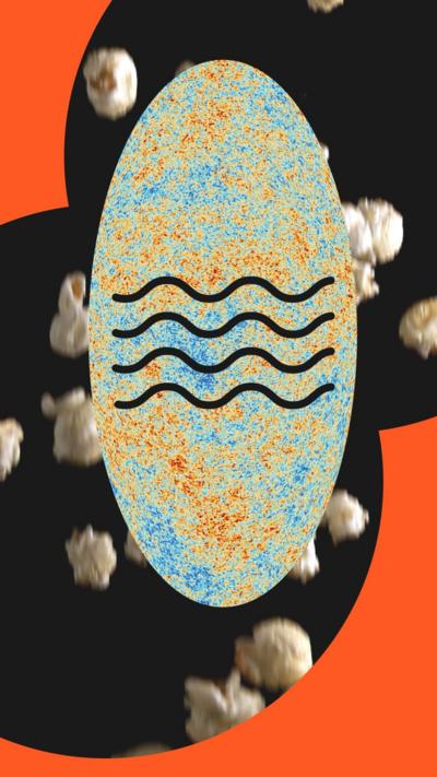 A curvy wave symbol on top of a radiation image in front of popping popcorn 