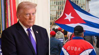 Donald Trump on the left and a man in a Cuba jacket and flag is on the right.