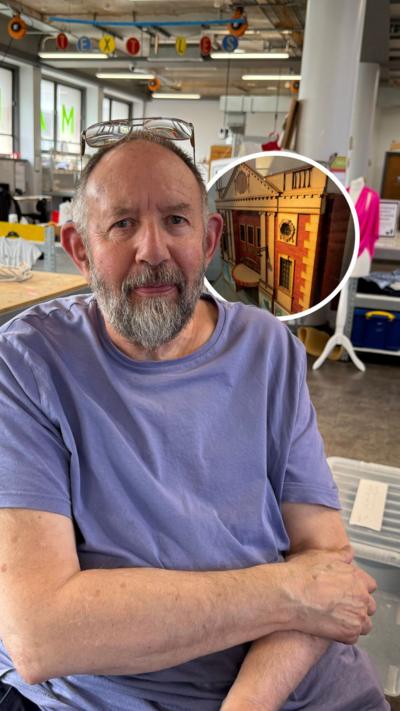 Alternative description
Steve Manners sits inside Hull's Makerspace alongside one of his miniature historical building models, which recreate landmarks from the city's past.